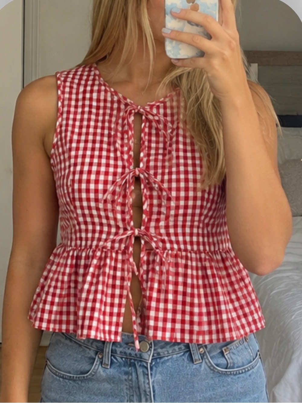 Red Checkered Tie-Front Blouse